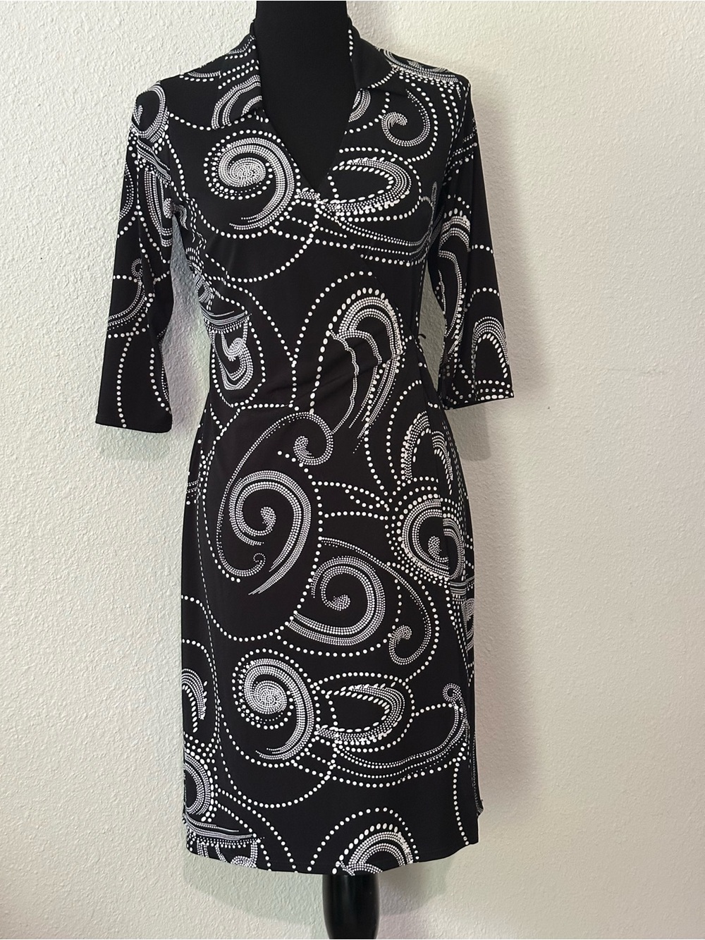 I.N. San Francisco Black and White Swirl Jersey Wrap-Style Midi Dress - Picture 2 of 8
